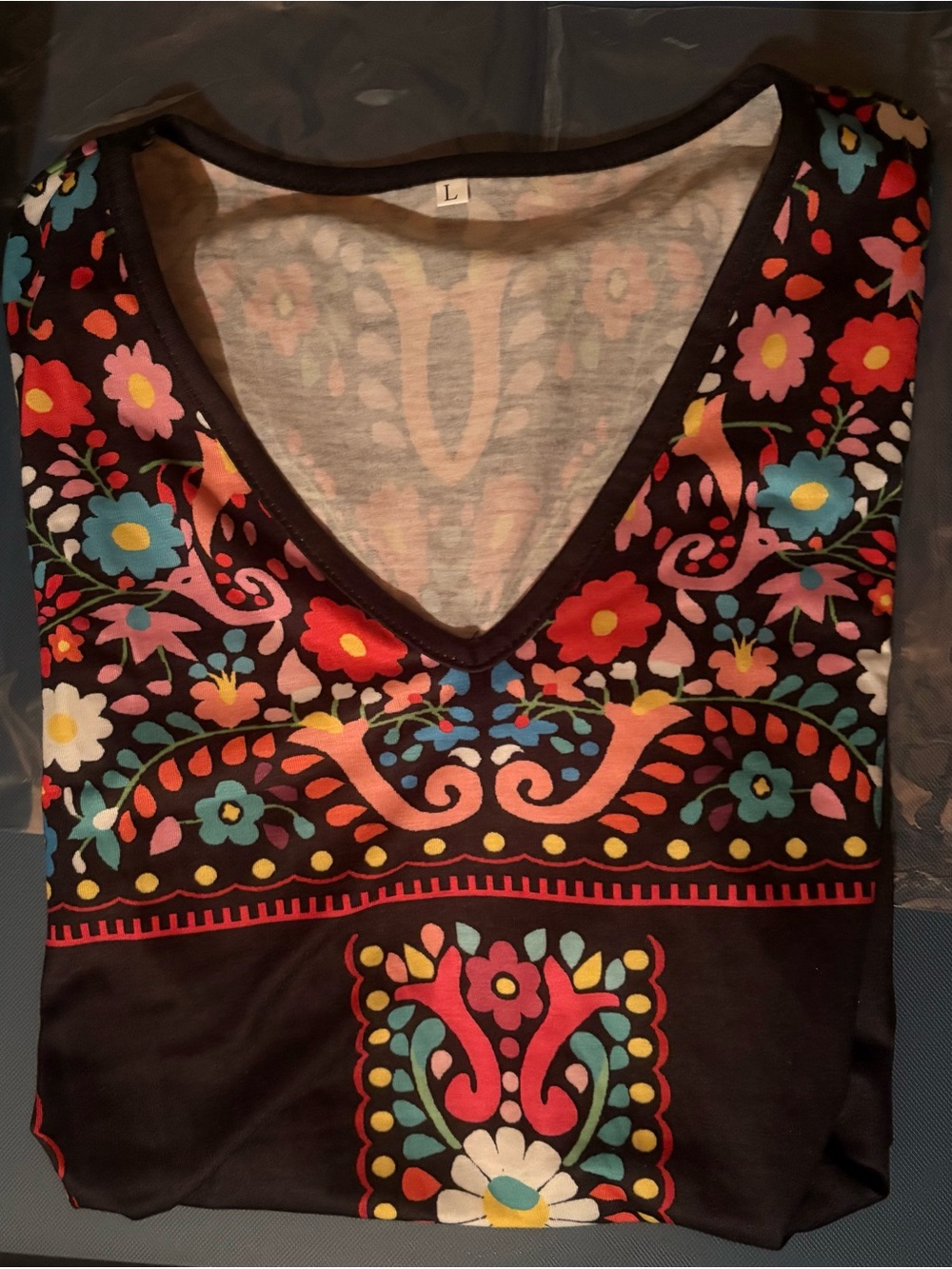 Women's Black Short Sleeve V-Neck Tee with Colorful Floral Print - Picture 5 of 5